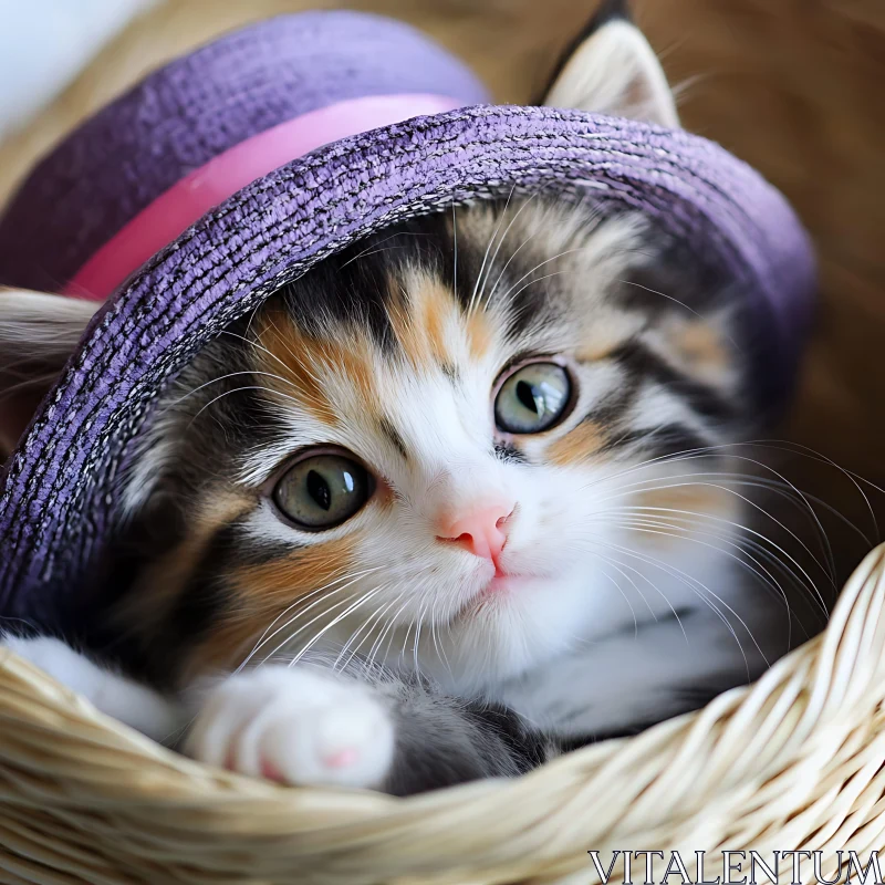 Cute Kitten Wearing a Purple Hat in Basket AI Image