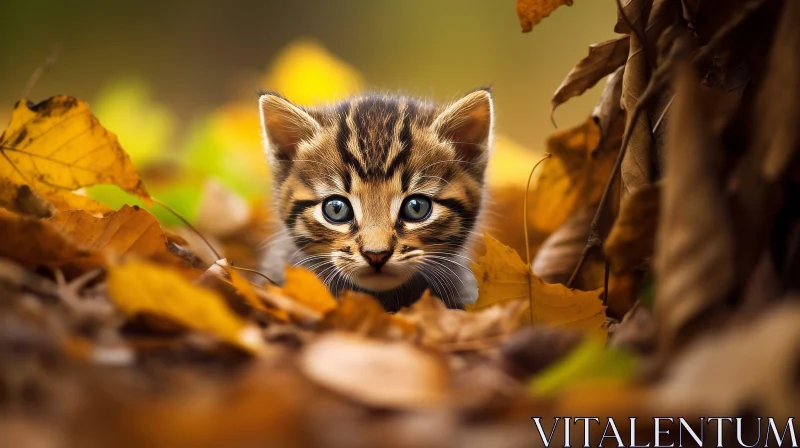 Curious Tabby Kitten in Autumn Leaves AI Image
