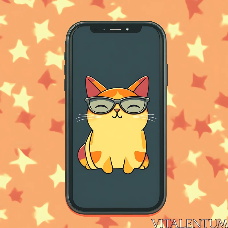 Illustrated Cat with Glasses on Mobile Device AI Image