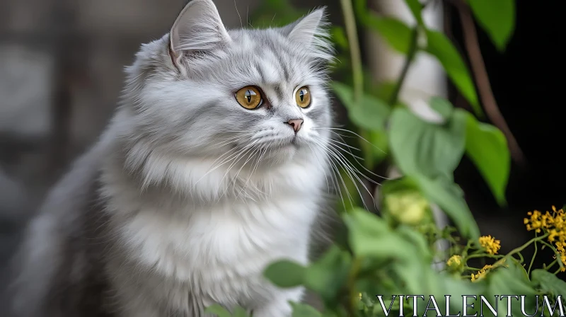 Gray and White Cat with Golden Eyes in Greenery AI Image