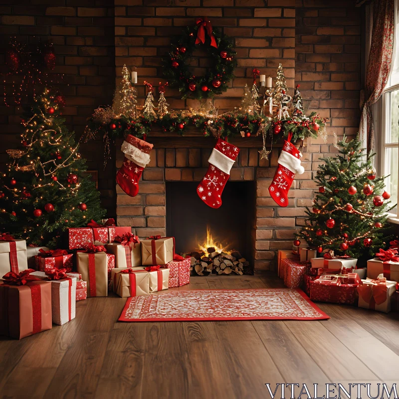 Festive Christmas Fireplace and Tree Decorations AI Image