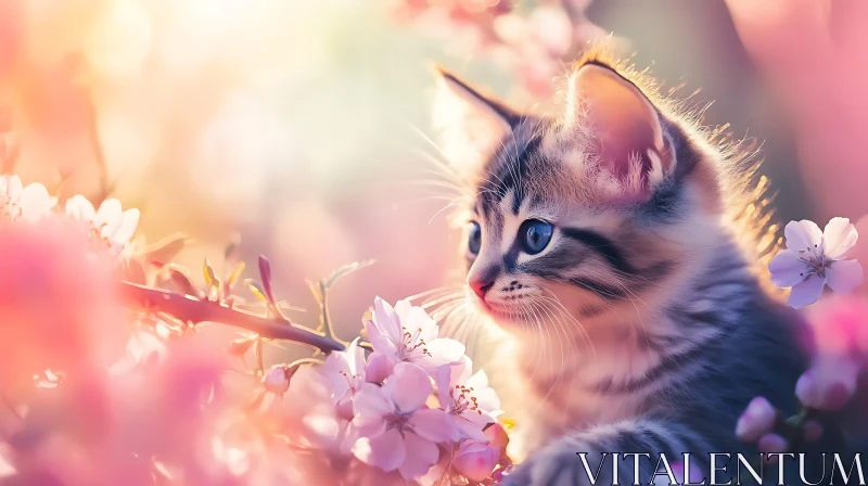 Cute Kitten with Blue Eyes in Blooming Flowers AI Image