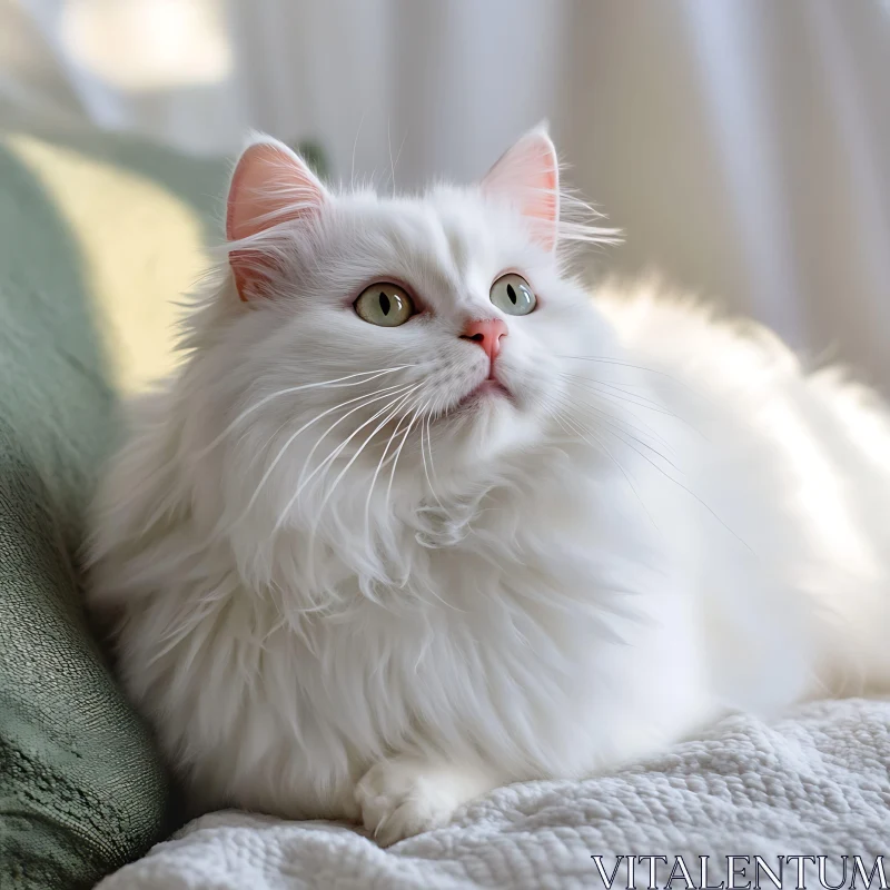 AI ART Graceful White Cat with Green Eyes on Blanket