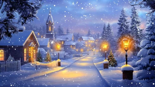 Peaceful Winter Village with Christmas Lights