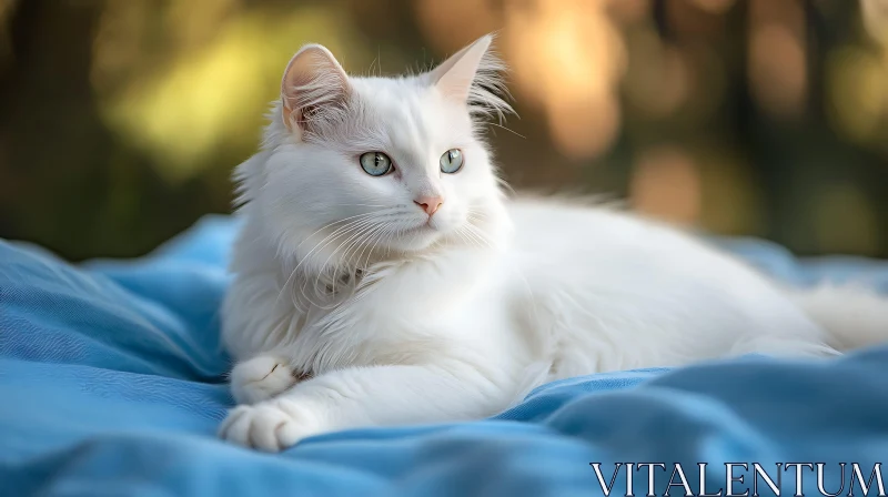 Serene White Cat with Green Eyes on a Blue Blanket AI Image