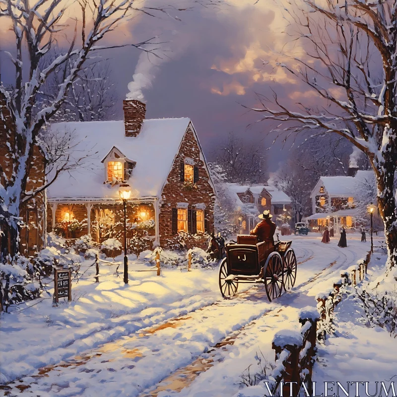 Picturesque Snowy Village at Dusk AI Image