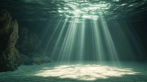 Sunbeams in Submerged Rocky Cavern