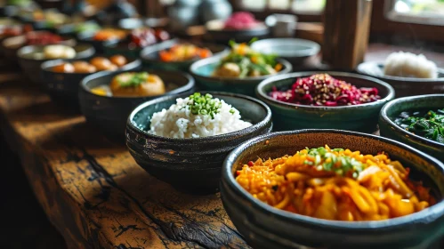 Delicious Korean Side Dishes on a Wooden Table