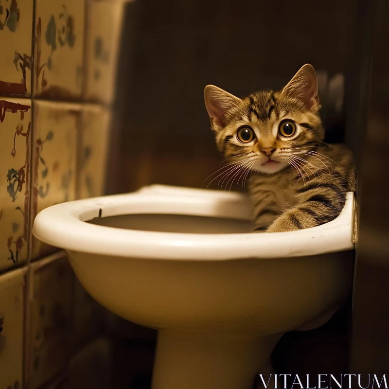 Kitten in Toilet with Vintage Tiles AI Image