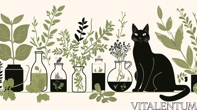Enchanting Black Cat and Potions Illustration AI Image