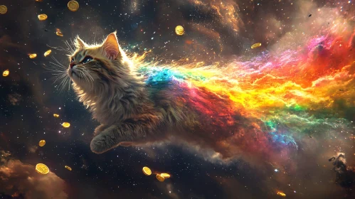 Cosmic Cat with Rainbow Trail and Golden Coins