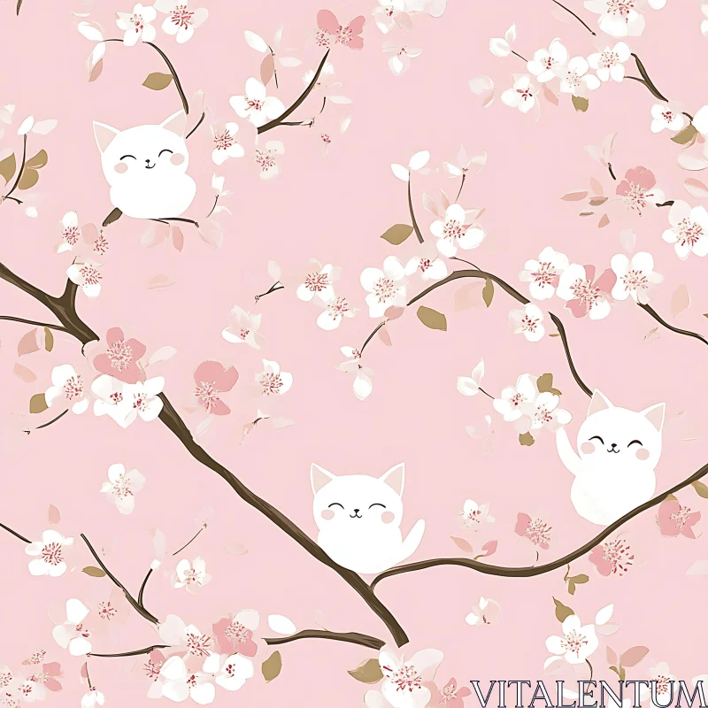 Adorable Cats in Spring Blossom Scene AI Image