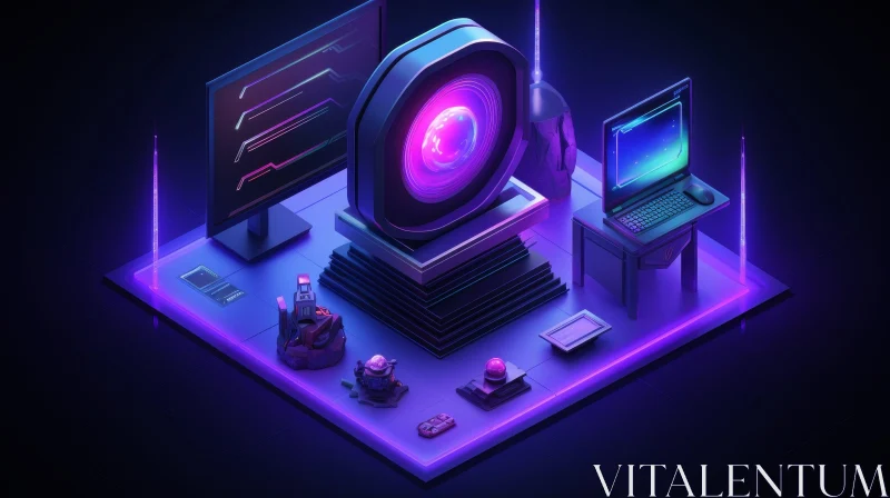 AI ART Futuristic Computer Setup with Glowing Purple Orb