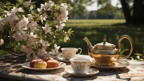 Golden Teapot in Dreamy English Countryside Garden