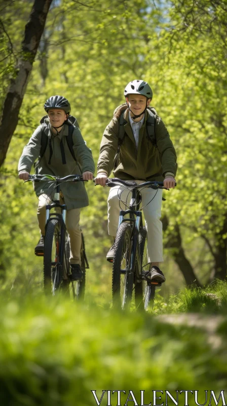 Joyful Boys Riding Bikes in Lush Forest AI Image