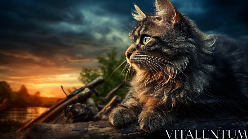 AI ART Majestic Cat at Sunset Over Lake