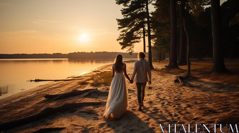 Newlywed Couple's Romantic Sunset Beach Walk AI Image