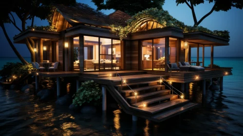 Night Scene of a Seafront Villa in a Mysterious Jungle | 3D Rendering