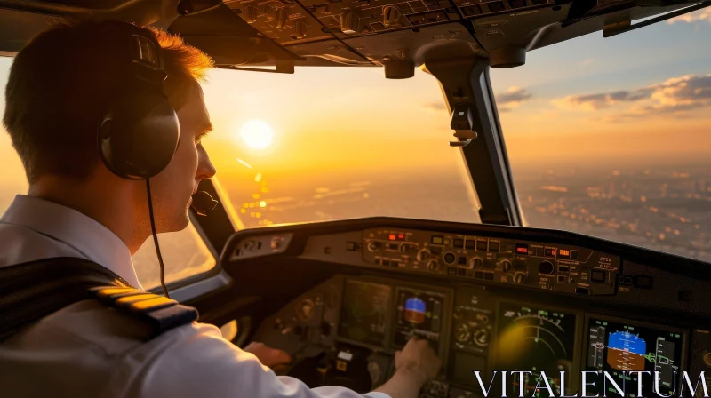 AI ART Pilot in Airplane Cockpit at Sunset