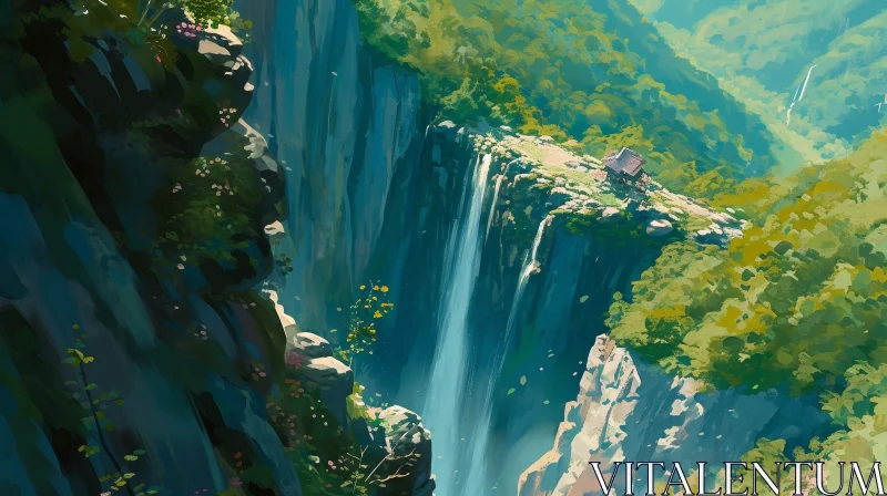 Serene Waterfall Landscape Painting | Nature Art AI Image