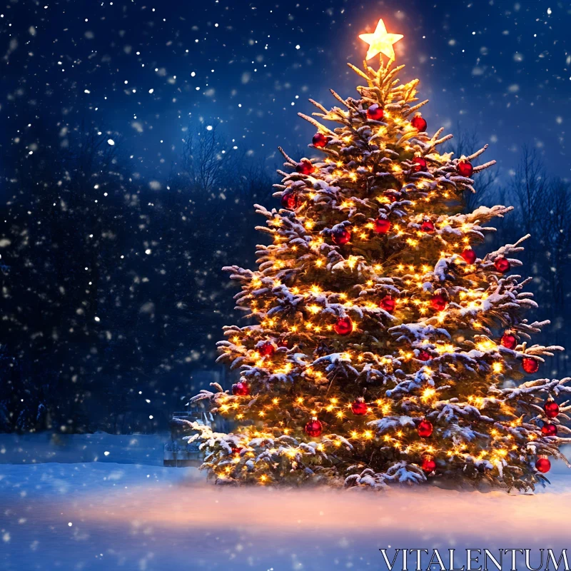 Magical Night with Illuminated Christmas Tree AI Image