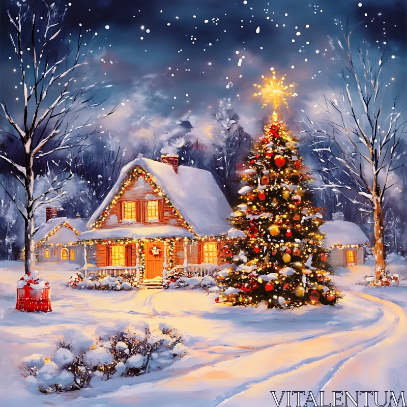 Enchanting Snowy Christmas Scene with Decorated House AI Image