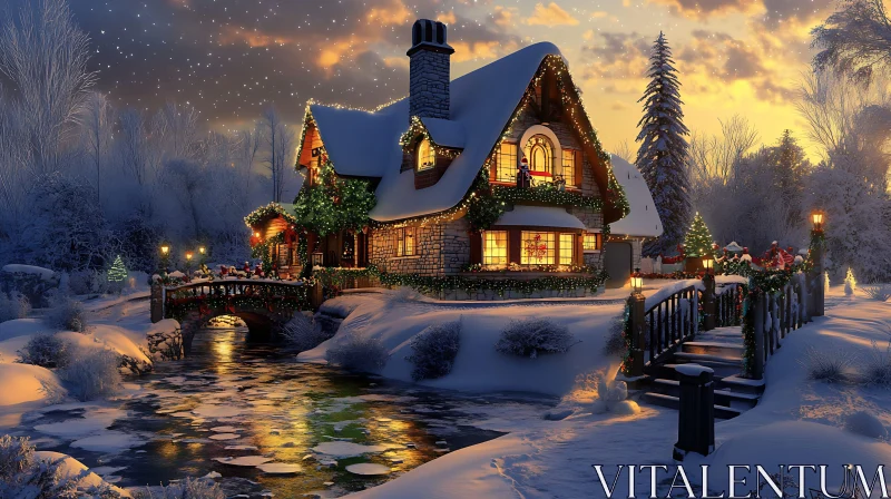 Festively Decorated Cottage in Winter Wonderland AI Image