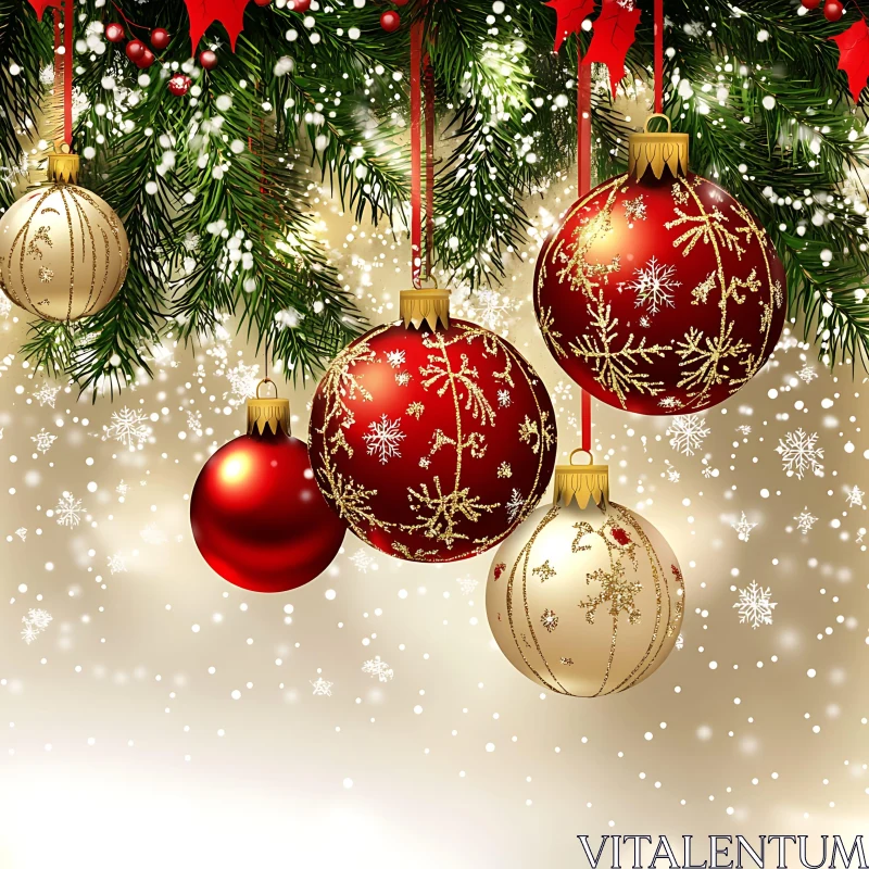 Festive Decor: Red and Gold Christmas Ornaments AI Image