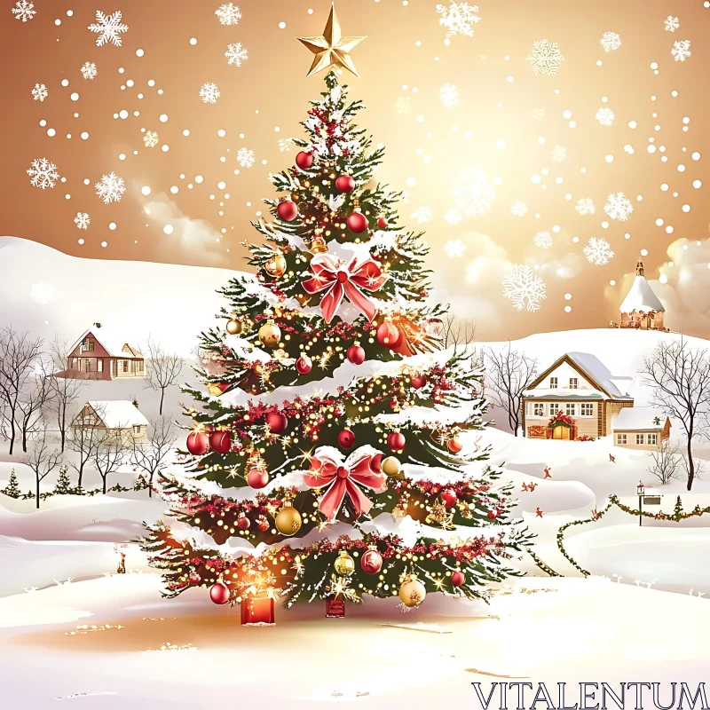 Festively Decorated Christmas Tree in Snow AI Image