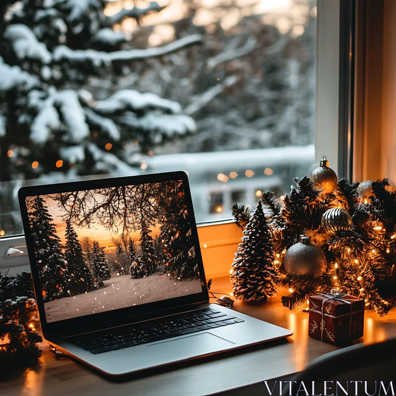 Festive Laptop with Snowy Christmas View AI Image