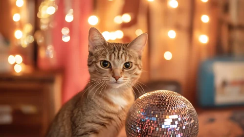 Cat in Festive Setting with Disco Ball and Lights