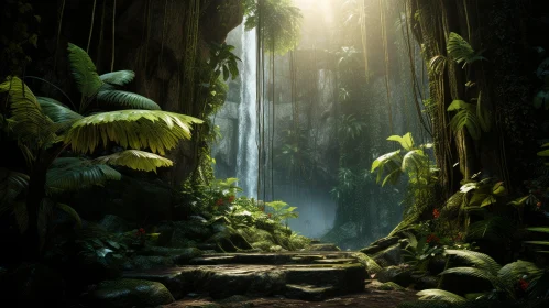 A Captivating Image of an Ancient Jungle with Waterfalls