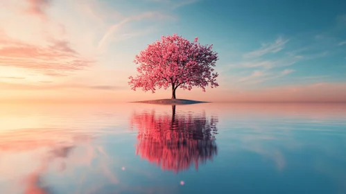 Lonely Blossom Tree Reflected on Calm Waters at Dusk