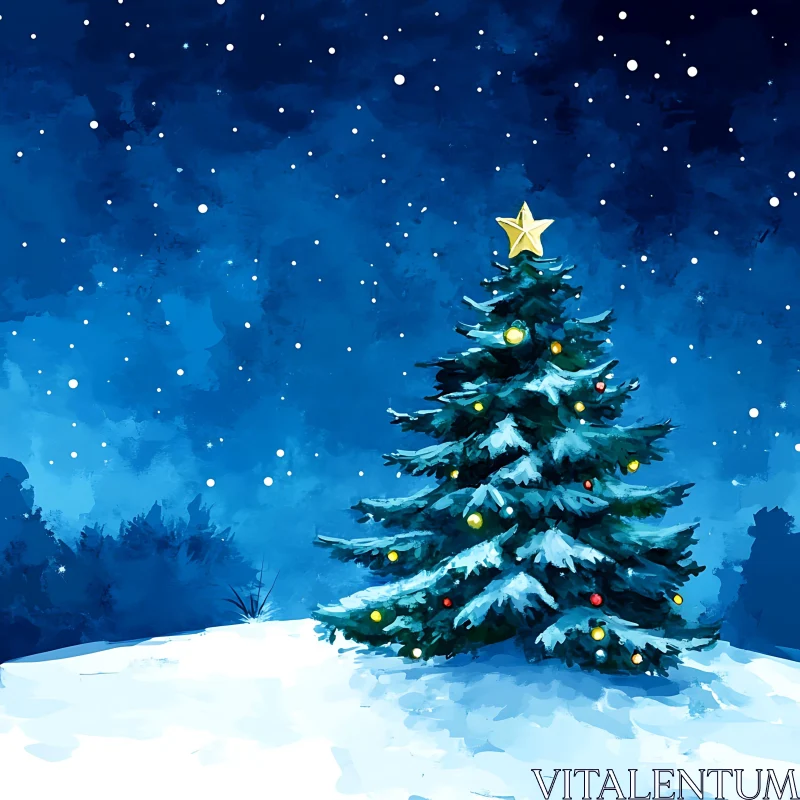 Starlit Christmas Tree in a Snowy Landscape AI Image