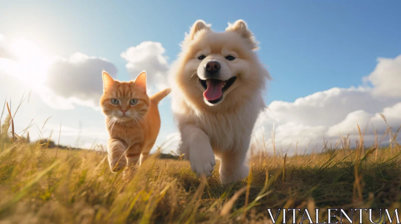 Dog and Cat Friendship in a Meadow AI Image