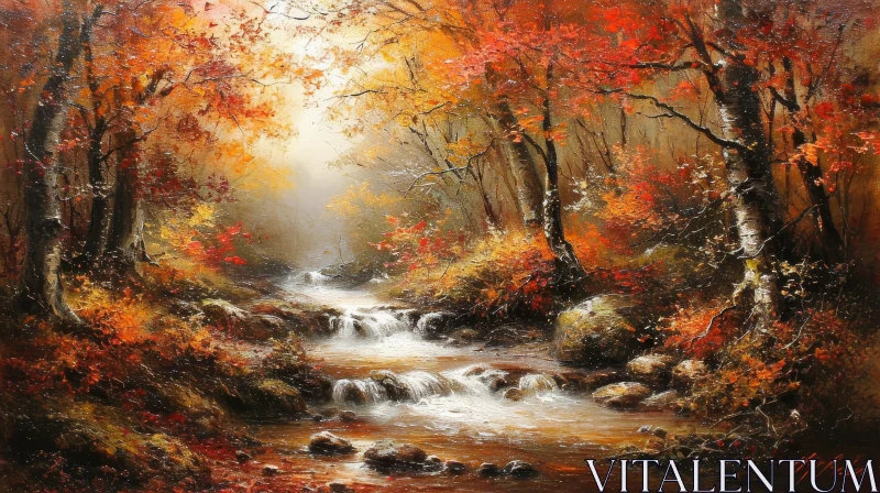 Captivating Autumn Forest Painting with River and Foliage AI Image