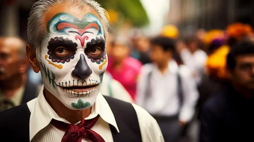 Captivating Street Scene: Man with Sugar Skull Makeup in a Crowded Street