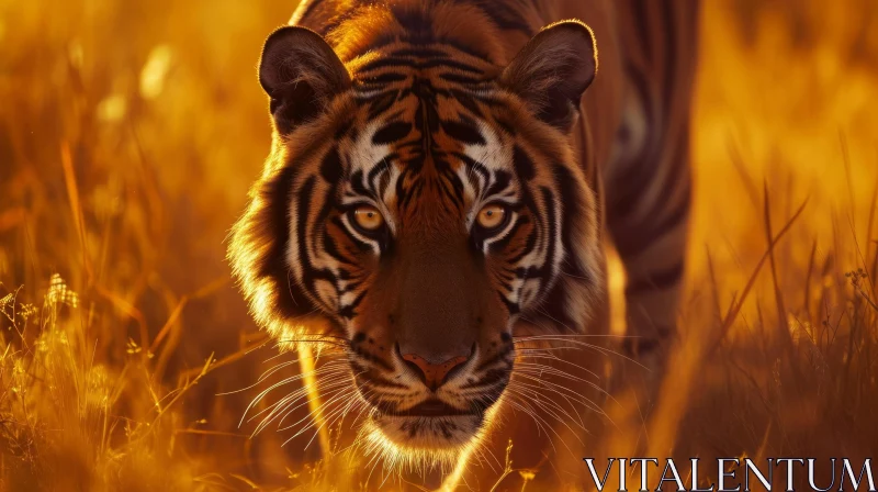 Close-up of a Majestic Tiger in a Golden-Brown Grass Field AI Image