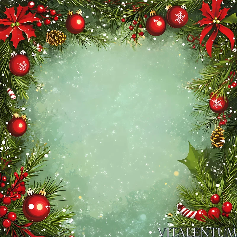 Holiday Border with Pine Branches and Ornaments AI Image