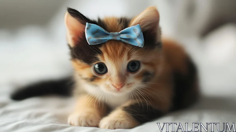 Cute Calico Kitten Wearing Blue Bow AI Image