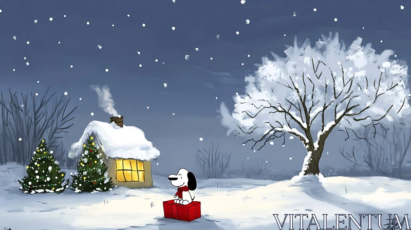 AI ART Whimsical Snowy Landscape with Festive Dog and House