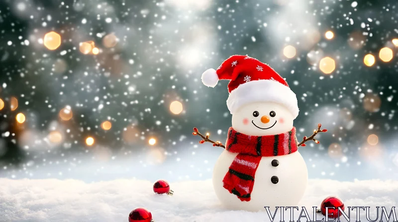 Jolly Snowman Amidst Holiday Lights and Snowfall AI Image