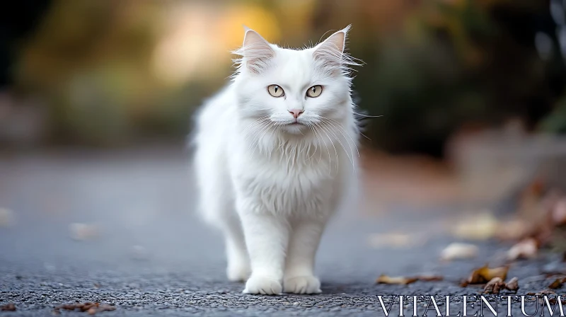 AI ART Graceful White Cat Strolling on Nature Path