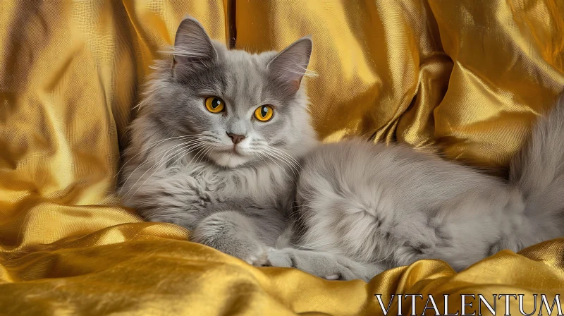 Elegant Gray Cat Resting on Golden Drapery AI Image