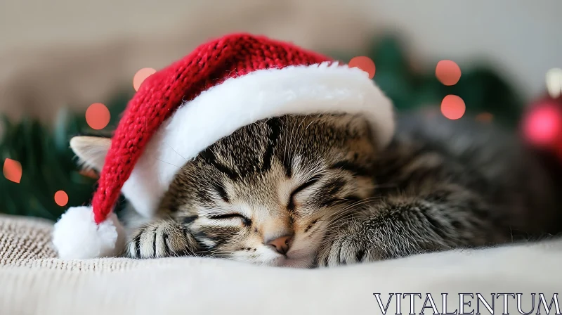 Cute Tabby Kitten in Santa Hat Sleeping Peacefully AI Image