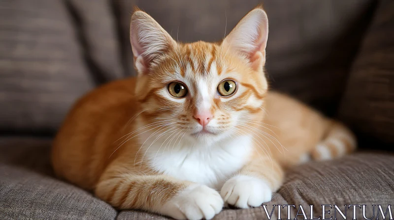 Ginger Tabby Cat with Green Eyes Lounging on Grey Couch AI Image