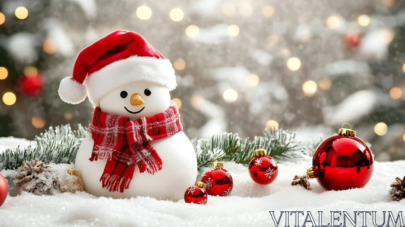 Snowman with Santa Hat and Christmas Ornaments AI Image