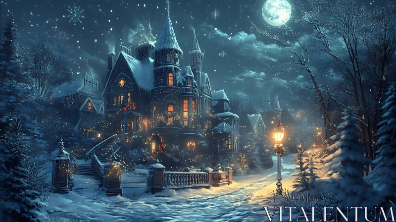 AI ART Victorian Mansion Adorned with Christmas Lights on Snowy Night