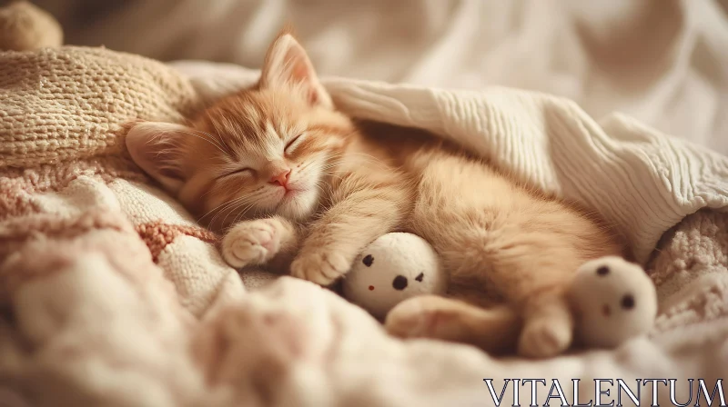 AI ART Cute Orange Kitten Asleep with Plush Toys