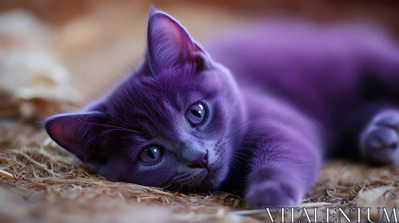 Adorable Purple Cat Resting on Hay AI Image